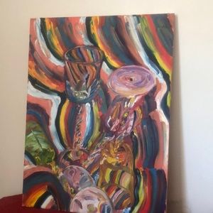 Self painting of wine glass a table and food